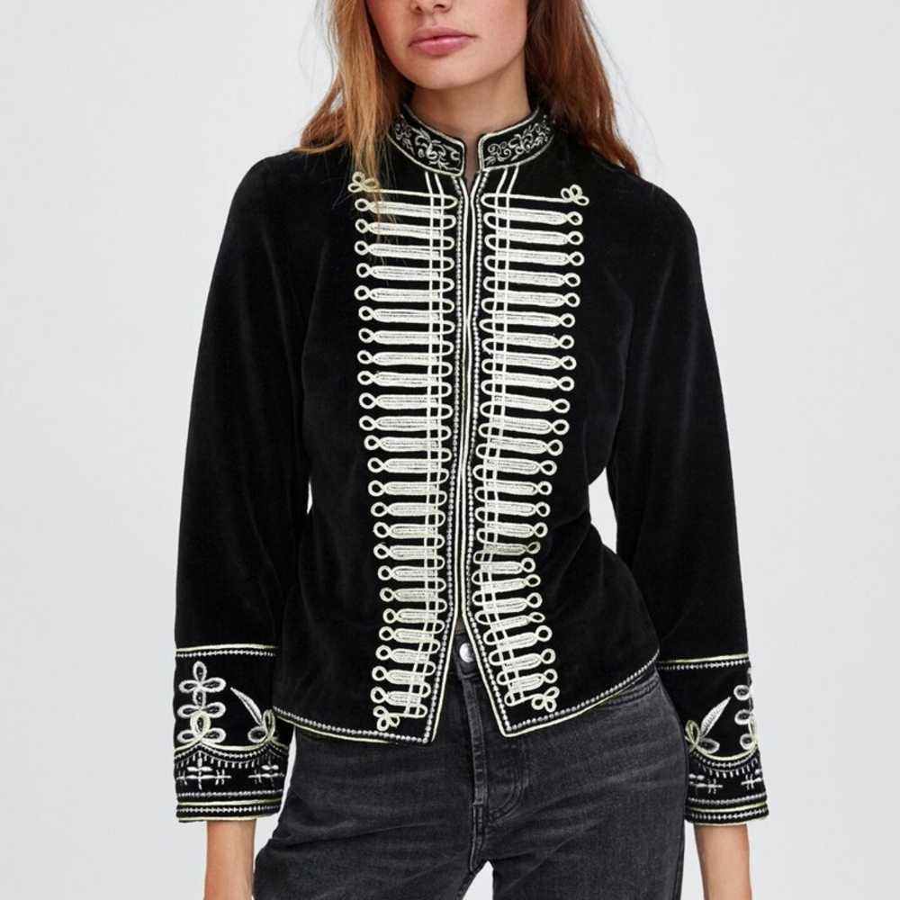 Zara Black and White Blazer with Ornate Embroidery